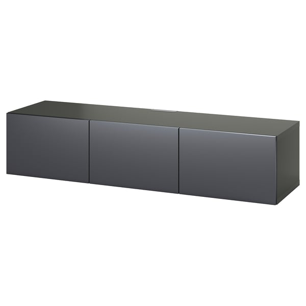 Moderna unitat de TV de paret minimalista de color gris fosc amb 3 compartiments d'emmagatzematge i gestió de cables.