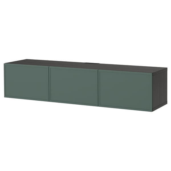 BESTÅ Moble de TV amb portes, negre-marró/Krukmakare gris fosc-verd, 180x42x38 cm