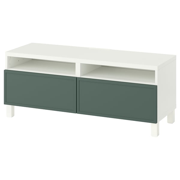 BESTÅ Moble TV+calaixos, blanc/Krukmakare gris fosc-verd, 120x42x48 cm
