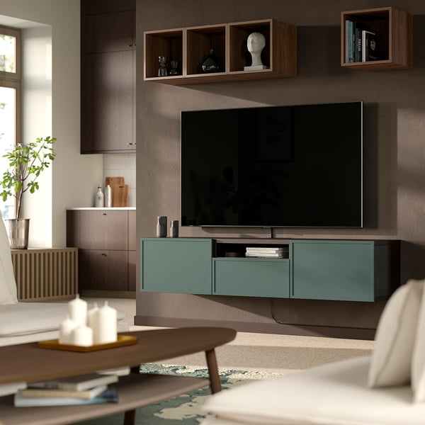BESTÅ Moble de TV, negre-marró/Krukmakare gris fosc-verd, 180x42x39 cm