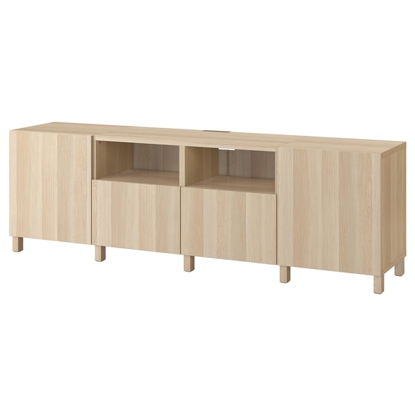 TV BESTÅ, roure clar, forma rectangular, múltiples compartiments, prestatges oberts, potes de fusta, disseny modern.
