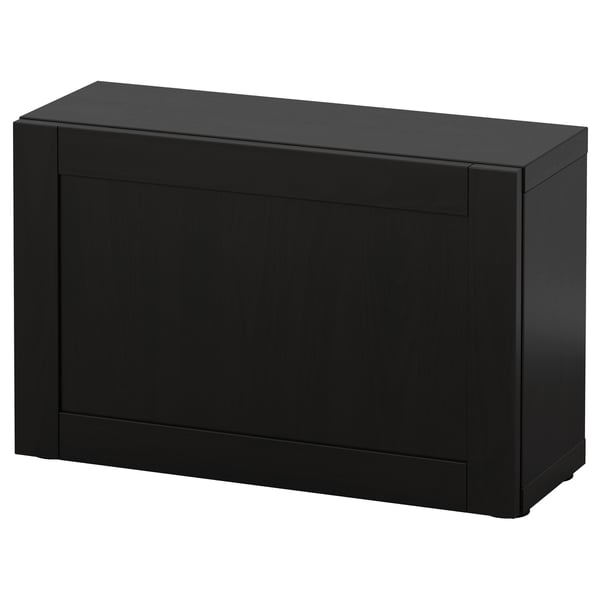 Un elegant moble d'emmagatzematge negre BESTÅ amb un disseny rectangular minimalista. És una porta gran per a emmagatzematge ocult.