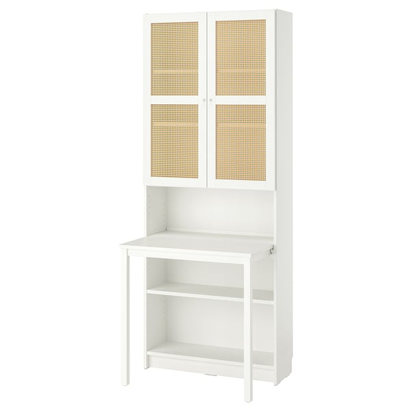Combo escriptori-prestatgeria blanc Ikea BILLY, portes de bambú, disseny minimalista.