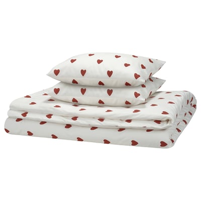 BJÖRNBÄRBUSKE Funda nòrdica+2 fundes coixí, motiu cor blanc/vermell, 240x220/50x60 cm