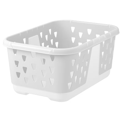 Una cistella de roba de plàstic BLASKA. És blanc, rectangular, té forats de ventilació i nanses resistents.