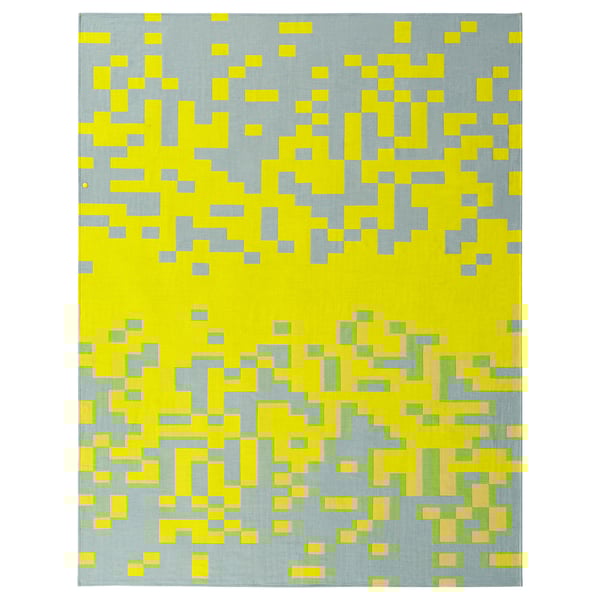 Manta de píxels quadrats grocs BRÄNNBOLL, suau, polièster reciclat, rectangular.