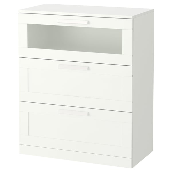 BRIMNES cofre blanc, 3 calaixos, disseny modern i elegant, calaix superior de vidre esmerilat.