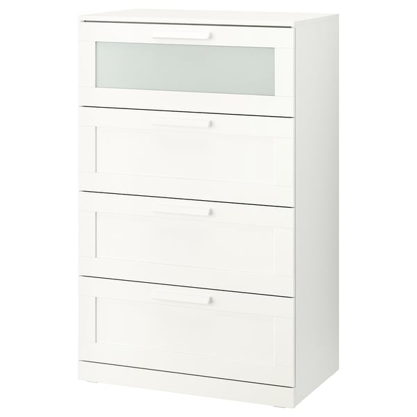 Calaixera BRIMNES blanca amb calaix superior de vidre esmerilat. Disseny rectangular elegant amb quatre calaixos i mecanisme de funcionament suau.
