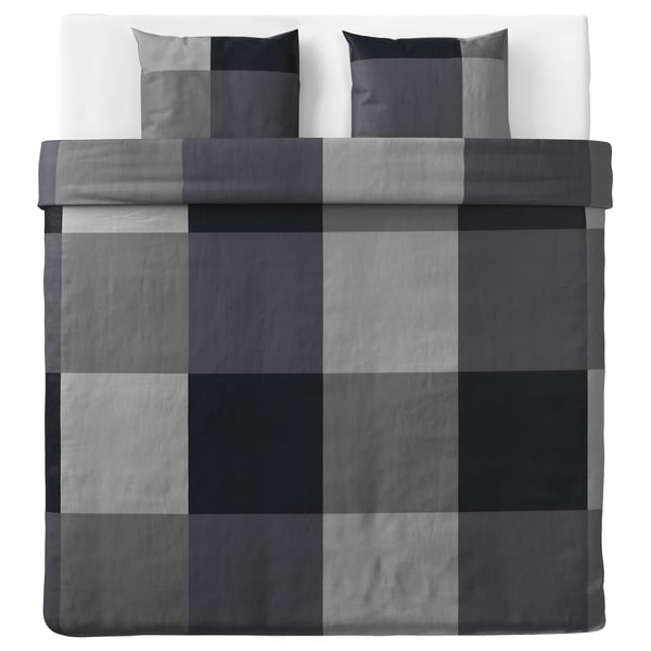Funda nòrdica de quadres gris BRUNKRISSLA i 2 fundes de coixí, barreja de cotó i viscosa, patró quadrat.