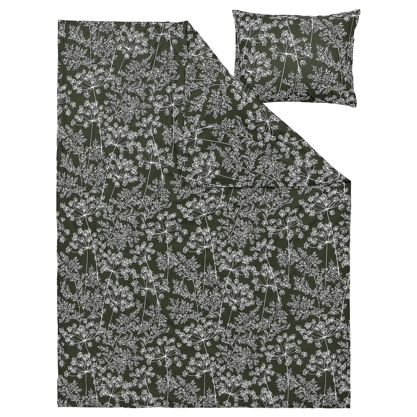 Conjunt de roba de llit verd fosc amb patró floral blanc, barreja de cotó reciclat i liocell. Inclou funda de nòrdic i funda de coixí.