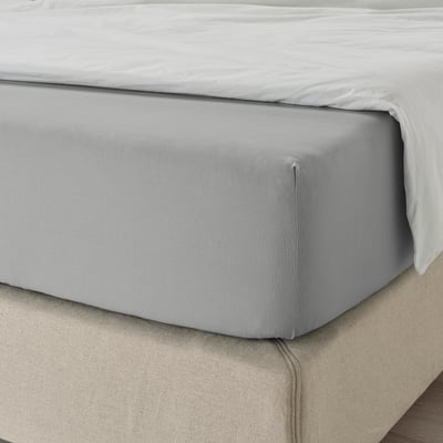 Llençol ajustable gris DVALA, 100% cotó, vores elàstiques, material suau, rectangular.