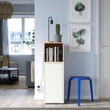 Sala d'estar moderna amb armari EKET, llibres, cactus, tamboret blau, estampats i seients acollidors.