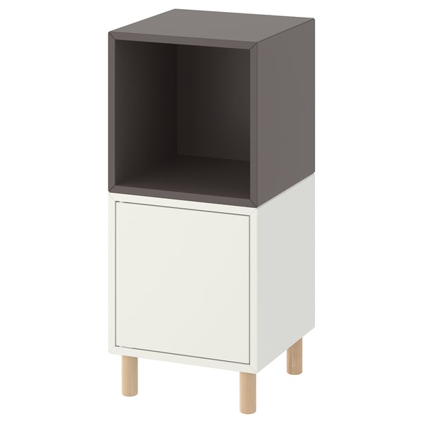 Armari d'emmagatzematge EKET, gris fosc i blanc, forma quadrada, potes de fusta, emmagatzematge obert i tancat.