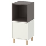 Armari d'emmagatzematge EKET, gris fosc i blanc, forma quadrada, potes de fusta, emmagatzematge obert i tancat.
