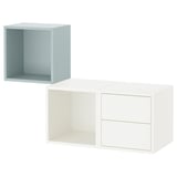 Prestatgeries flotants Ikea EKET: quadrats blau clar i blancs, emmagatzematge obert i tancat.