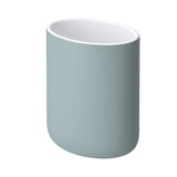 Un suport de raspall de dents cilíndric de color blau clar prim amb corbes suaus i un interior blanc. Fabricat en gres, esmalt de colors i pintura de poliuretà.