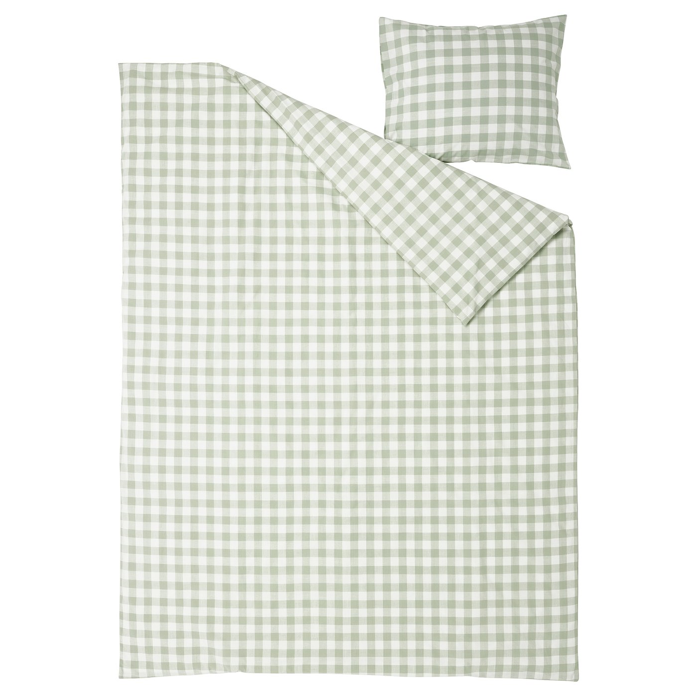 Un conjunt de funda nòrdica EKTANDVINGE en estampat de quadres vichy gris-verd pàl·lid/blanc sobre cotó orgànic.