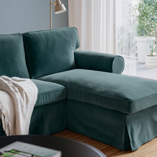 EKTORP Sofà de 3 places amb chaise longue, Alhamn blau grisenc fosc