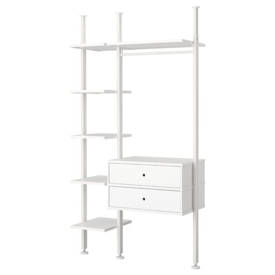 Moble d'emmagatzematge modular blanc ELVARLI amb prestatgeries, calaixos i pals.