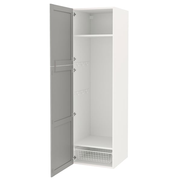 Armari ENHET blanc, porta grisa, alt, emmagatzematge, prestatgeries, ganxos.