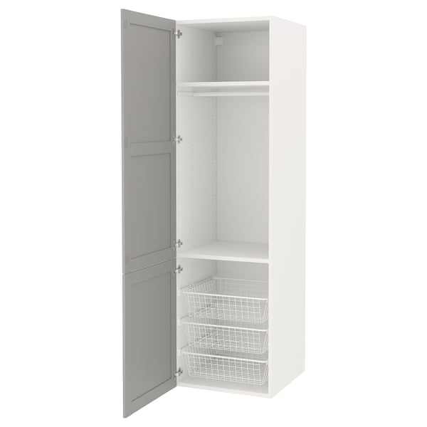 Armari alt blanc Ikea ENHET, porta grisa, 2 prestatgeries, 3 cistelles de filferro.