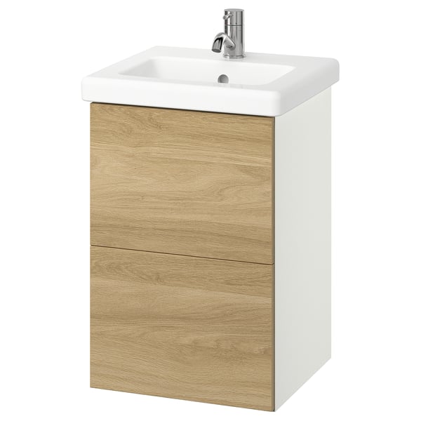 Lavabo ENHET roure clar, tapa blanca, estil modern amb 2 calaixos, aixeta cromada.