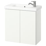Tocador de bany modern de paret blanc amb lavabo individual i aixeta cromada.