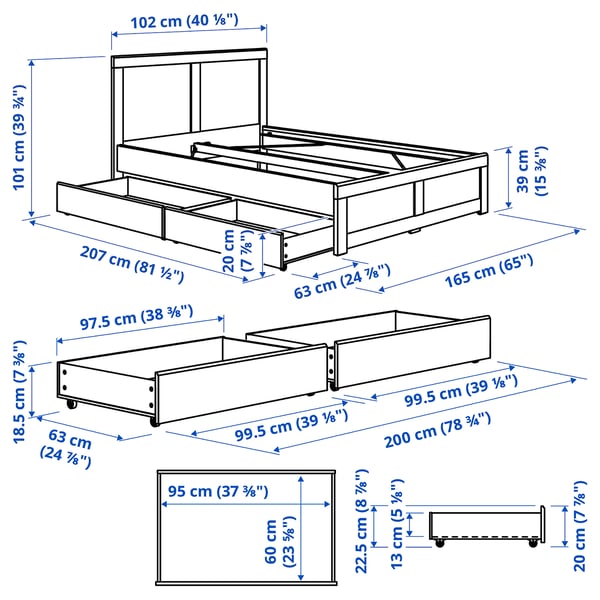 FÅGELFJÄLLET Estructura llit + 2 caixes emmag., os, 90x200 cm