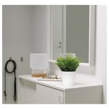 La petita planta artificial blanca FEJKA s'asseu al costat dels vidres d'un armari.