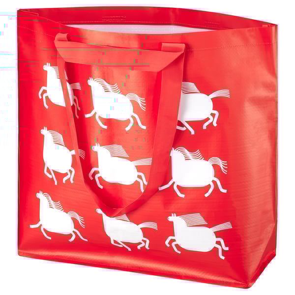 Bossa de mà vermella amb dissenys de cavall blanc, duradora, plegable, ideal per comprar o reciclar.