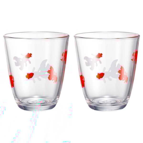 Parell de tasses de vidre temperat transparent amb disseny de peixos daurats vermells i grisos.