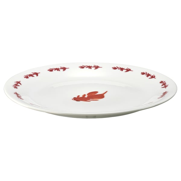 Placa FÖSSTA blanca amb peixos daurats i dissenys de plantes. Rodó, de porcellana, minimalista. Ideal per a plats asiàtics, pa o postres.