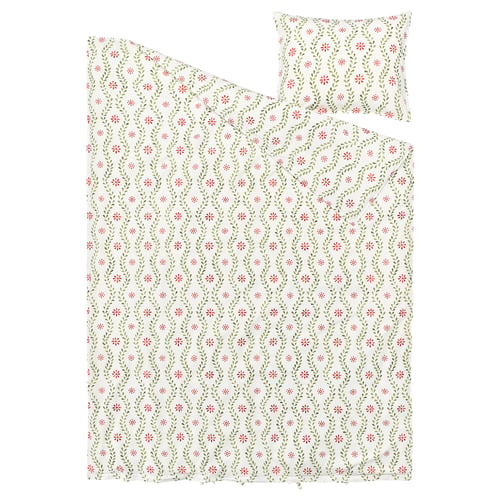 Conjunt d'edredó FYRISVIDE, blanc amb patró floral vermell/verd, 100% cotó, forma rectangular, disseny inspirat en l'estil vintage.
