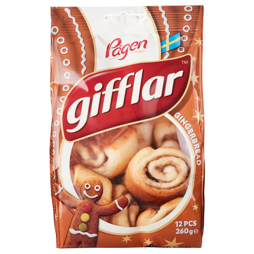 Embalatge de pa de gingebre GIFFLAR, que mostra galetes enrotllades i un home de pa de gingebre, 12 peces, 260g.
