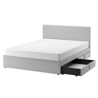Llit entapissat gris modern amb capçalera, dos calaixos d'emmagatzematge, disseny minimalista i elegant.