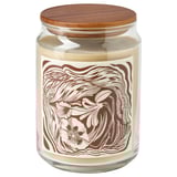 Una espelma perfumada GLANSLIND en un pot de vidre transparent amb tapa de fusta. L'etiqueta té un disseny floral marró i beix. El color de les espelmes és beix.