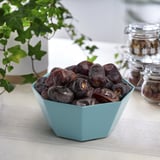 El bol blau clar ple de fruits secs foscos s'asseu sobre una taula de fusta clara, amb una mica de vegetació al fons.