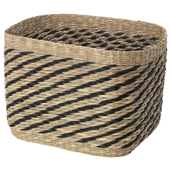 Una cistella de posidònia GOTTERN, de color beix clar i negre, rectangular, amb un patró en ziga-zaga teixida.