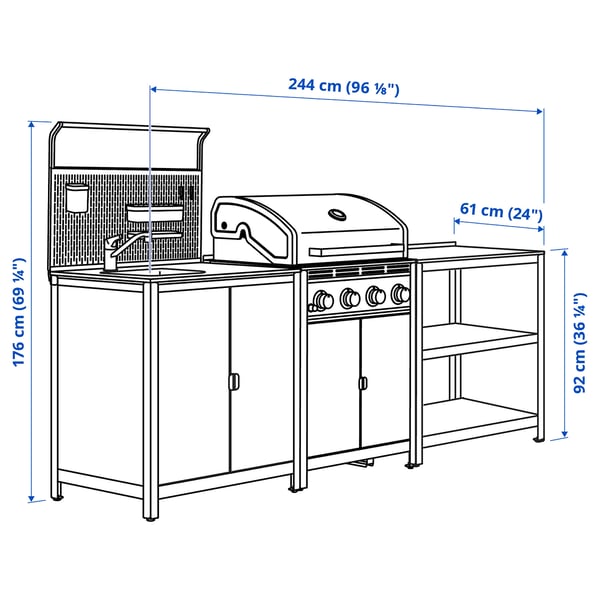 GRILLSKÄR Cuina exterior amb barbacoa de gas, acer inoxidable, 244x61x176 cm