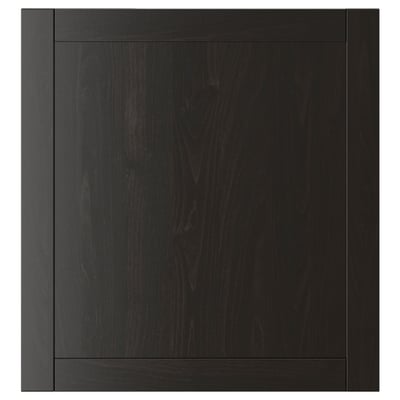 Una porta d'armari HANVIKEN de color marró negre amb textura i marc de fusta, adequada per a l'emmagatzematge.