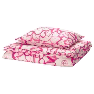 HÄRLIR Funda nòrdica+funda coixí, blanc rosa viu/estampat de flors, 150x200/50x60 cm