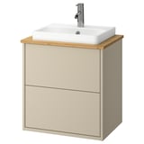 Armari de bany de paret beix HAVBÄCK amb lavabo quadrat blanc i aixeta cromada.