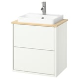 Moble de bany modern blanc amb taulell de fusta clara, lavabo rectangular, aixeta cromada.