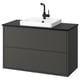 Tocador HAVBÄCK: armari gris modern amb taulell negre elegant, lavabo blanc, disseny de muntatge a la paret.