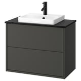 Moble de bany modern negre HAVBÄCK amb lavabo quadrat blanc, de paret, de disseny elegant.