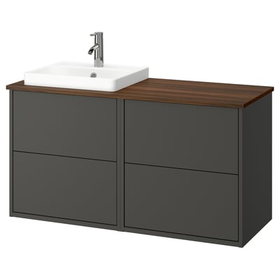 Un tocador de bany HAVBÄCK de color gris fosc modern amb taulell de fusta, lavabo quadrat blanc i aixeta cromada.