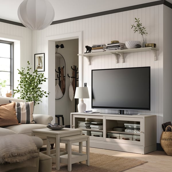 HAVSTA Moble de TV amb sòcol, beix grisenc, 160x47x62 cm
