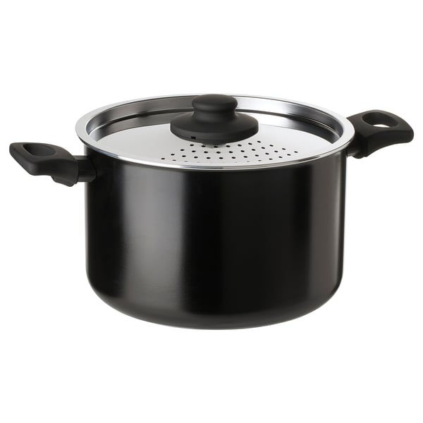 Cassola negra HEMLAGAD, tapa d'acer amb sortida de vapor, nanses resistents, forma rodona, recobriment antiadherent.
