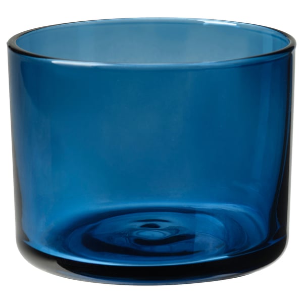 Portaespelmes de vidre blau, forma cilíndrica, acabat llis, sense patrons.