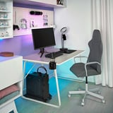 Configuració de joc moderna amb escriptori HUVUDSPELARE en blanc i monitor negre, cadira de joc grisa i llums led de colors. Petit, s'adapta perfectament a la cantonada.